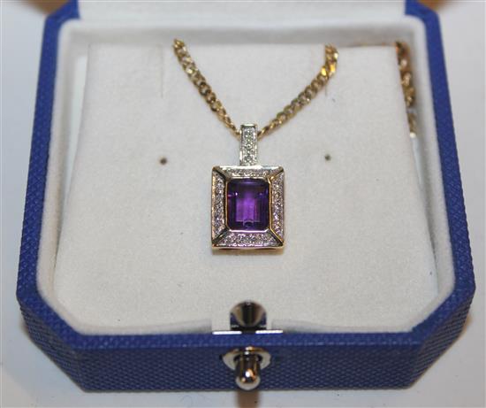 A 9ct gold, amethyst and diamond set pendant on a 9ct gold chain